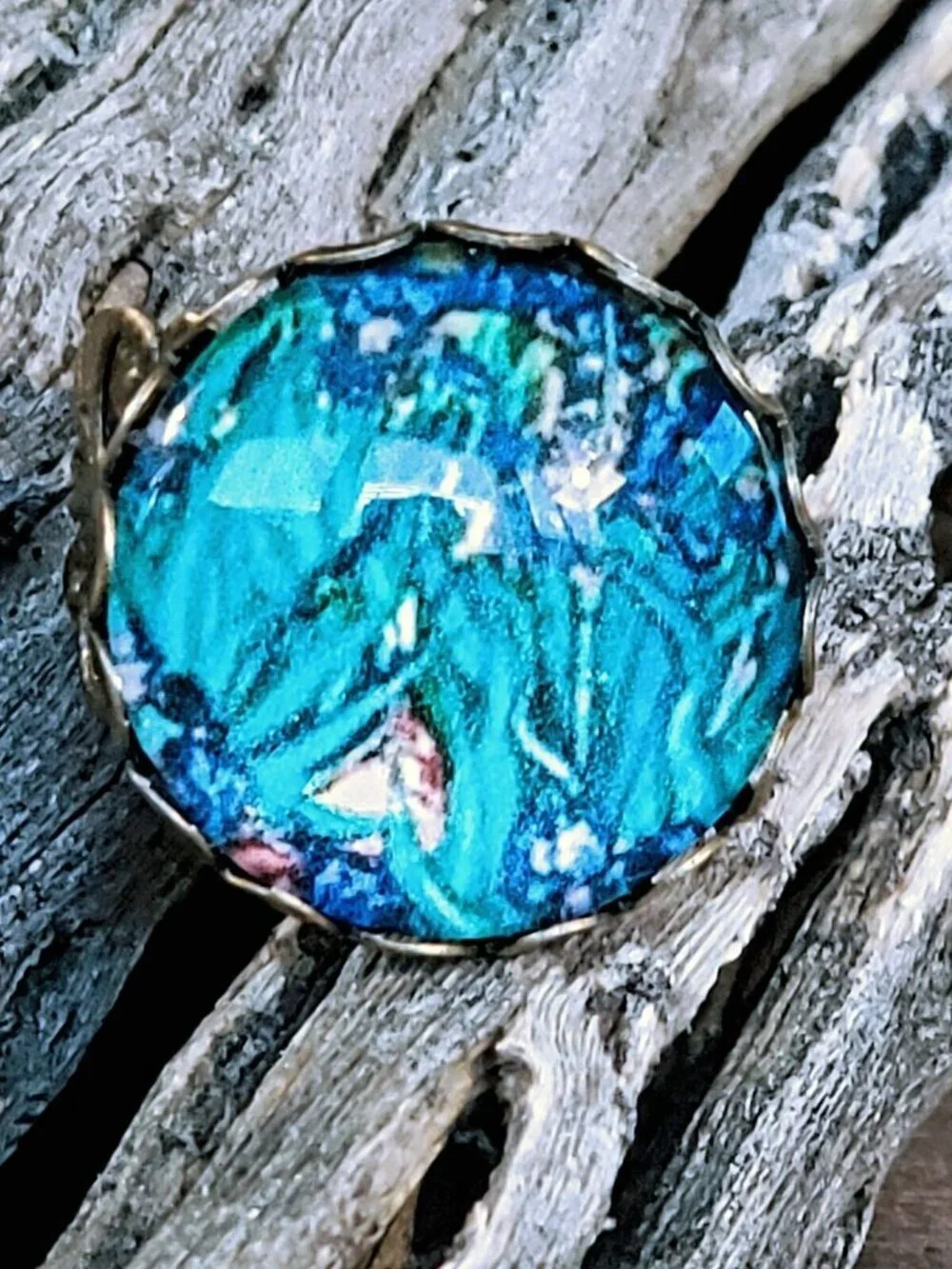 Vincent van Gogh Irises Famous Painting Art Glass Cabochon Bronze Filigree Ring